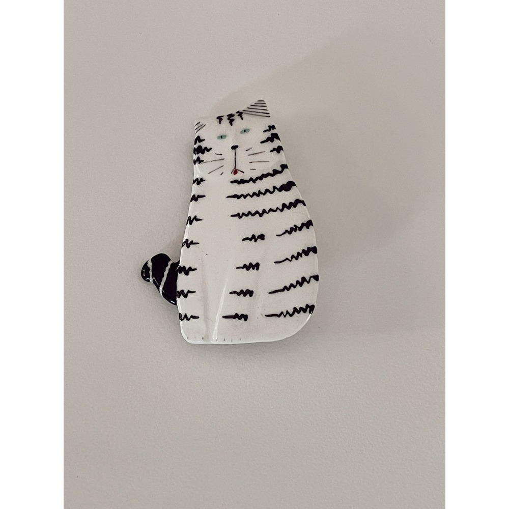 Whimsical Black and White‎ Ceramic Cat Pin Brooch